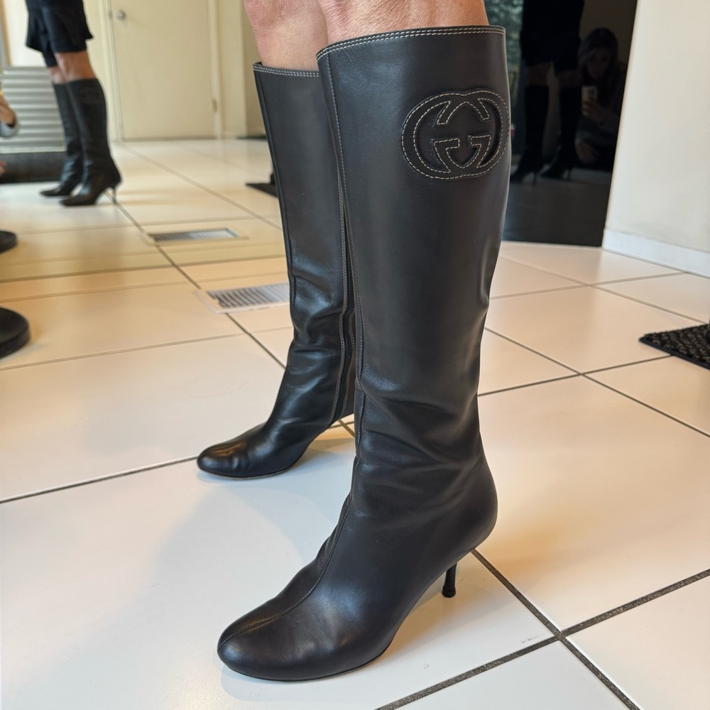 Gucci Black Leather Knee-High Stiletto Boots with GG Patch